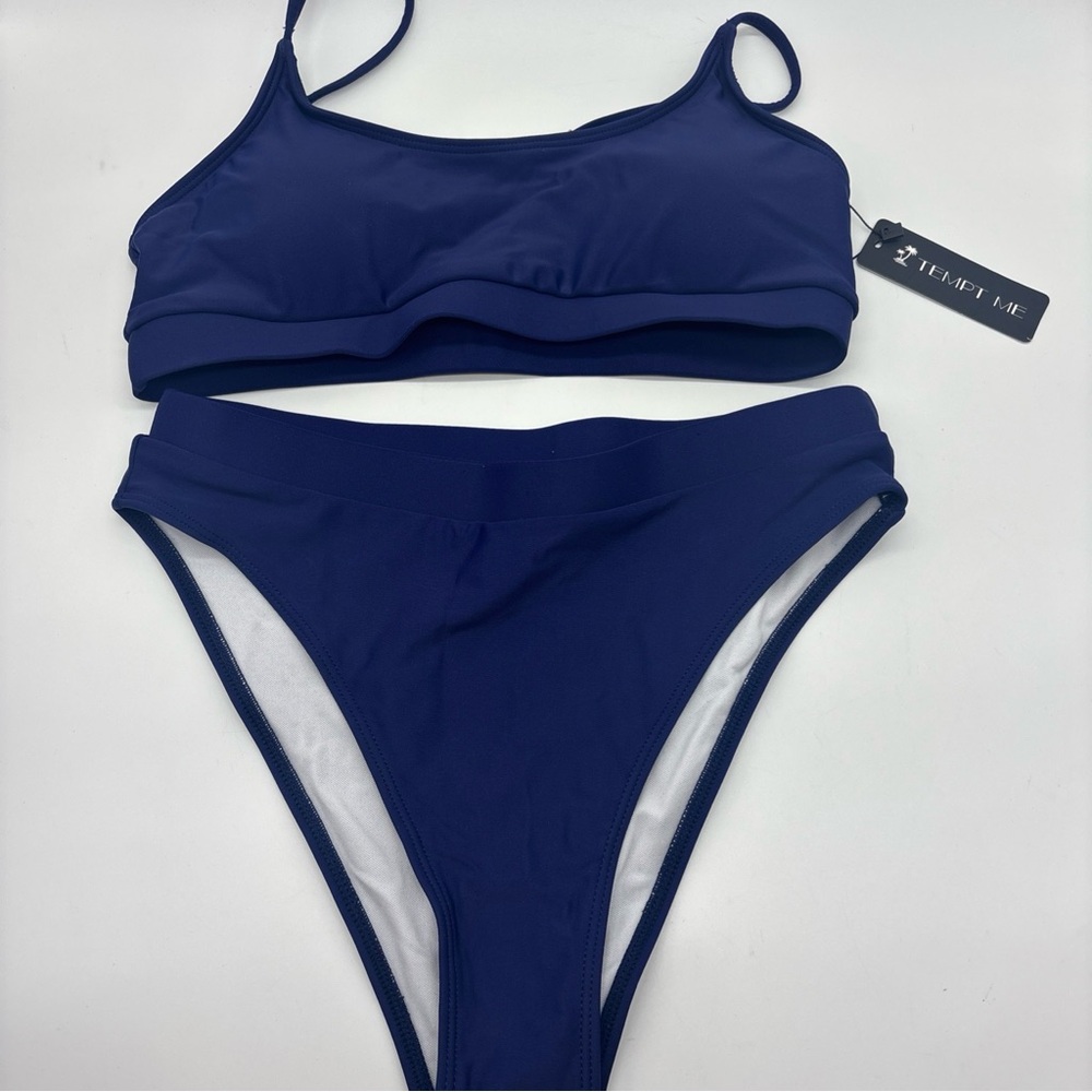 Tempt Me Women's High Waisted Bottom Sports Bra Style Top Bikini, Navy, S